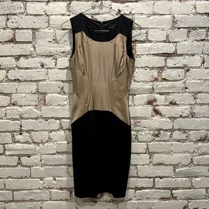 Ted Baker form fitting black dress with gold/tan accents, size 1